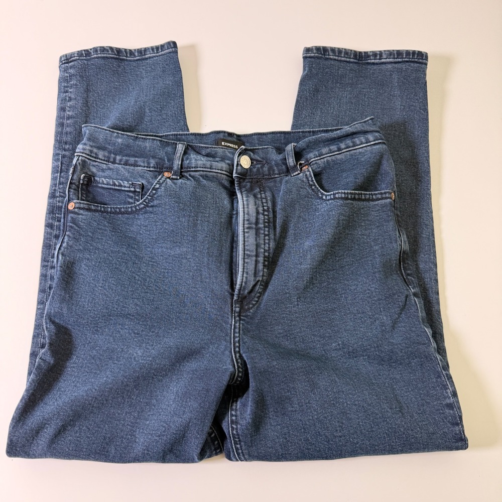 Express Mom Jeans Super High Rise Dark Wash Blue Tapered Leg Denim Size 10
